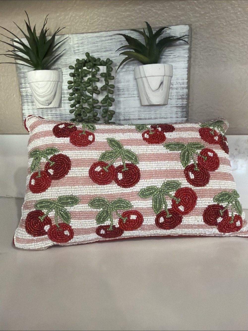 Beaded Cherry Decorative Throw Pillow